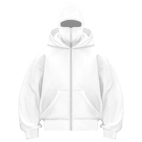 Generisch Balaclava Hoodie Herren Damen Ninja Kapuzenpullover mit Sturmhaube Oversized Mask Jacke mit 1/4 Zip Doppel Kapuze Einfarbig Y2K Hoodie mit Fleece Winddichte Übergangsjacke Motor Fahrrad von Generisch