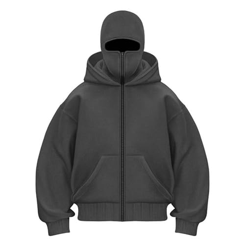 Generisch Balaclava Hoodie Herren Ninja Kapuzenpullover mit Gesichtsmaske Sturmhaube Full Zip Oversized Y2K Mask Jacke Winter Sweatshirt und Tasche Warme Übergangsjacke Winterjacke Hoody mit Kapuze von Generisch