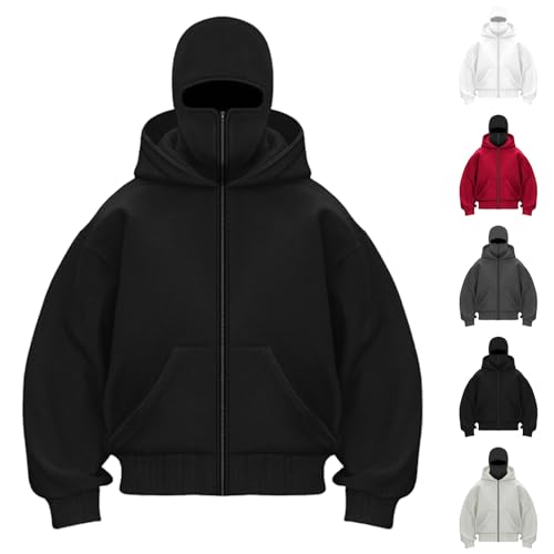 Generisch Balaclava Zip Hoodie Herren Damen Einfarbig Kapuzenpullover Warm mit Sturmhaube Casual Arbeitspullover mit Reißverschluss und Tasche Lockeres Sweatjacke Y2K Tops ﻿ von Generisch