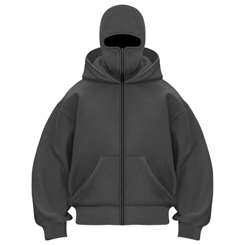 Generisch Balaclava Zip Hoodie Herren Kapuzenpullover mit Sturmhaube Oversized Mask Jacke mit Doppel Kapuze Y2K Hoodies mit Fleece Winddichte Übergangsjacke Motor Fahrrad von Generisch