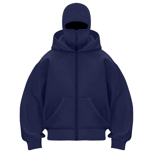 Generisch Balaclava Zip Hoodie Herren Kapuzenpullover mit Sturmhaube Oversized Mask Jacke mit Doppel Kapuze Y2K Hoodies mit Fleece Winddichte Übergangsjacke Motor Fahrrad von Generisch