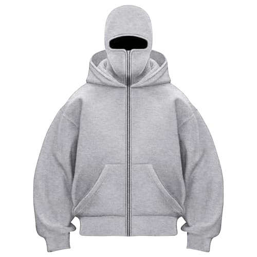 Generisch Balaclava Zip Hoodie Herren mit Sturmhaube Oversized Jacke mit Doppel Kapuze Y2K Hoodie mit Fleece Winddichte Übergangsjacke Winter Motor Fahrrad Mask Jacke 2025 von Generisch