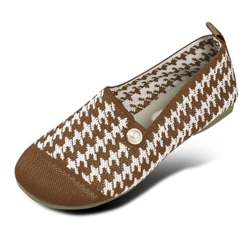 Generisch Ballerinas Damen Bequem Slip On Sommerschuhe Flache Schuhe Hahnentritt Muster Barfußschuhe mit Perlen Deko Bequeme Mittelalter Schuhe Brautschuhe Flach Elegant Weiche Slipper (Khaki, 39) von Generisch