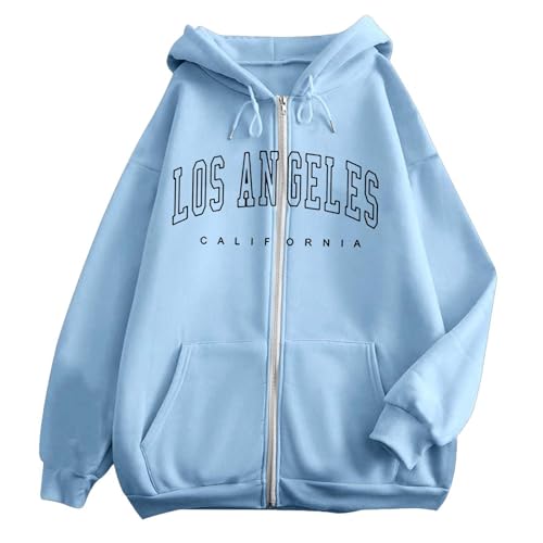 Generisch Bedruckte Sweatjacke Damen Kapuzenpullover Fleece Gefütterte Pullover Y2K Sweatshirt Buchstabendruck Freizeit Modische Kapuzenjacke Lockere Lässige Damen-Hoodies Oversized Light Blue S von Generisch