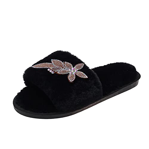 Generisch Bequeme Damen Hausschuhe Strass Flache Slipper Baumwolle Modisch Alltagsschuh Komfortabel Freizeit (Black, 41) von Generisch