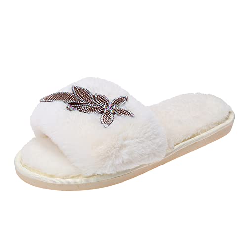 Generisch Bequeme Damen Hausschuhe Strass Flache Slipper Baumwolle Modisch Alltagsschuh Komfortabel Freizeit (White, 37) von Generisch