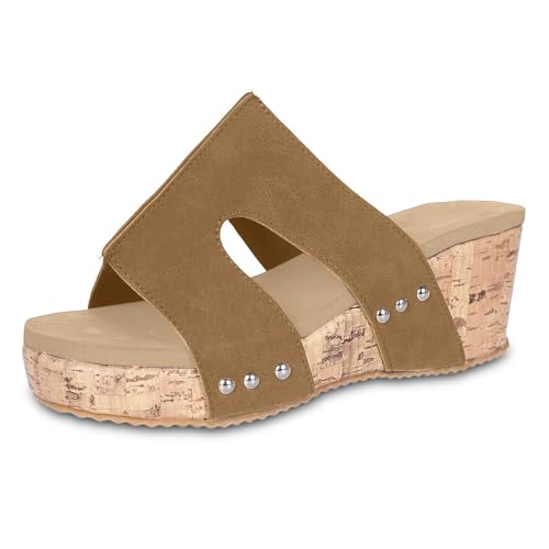Generisch Bequeme Damen-Sandalen offene Zehen Keilabsatz für Alltag Sommer Freizeit – Ideal zu Shorts Jeans Hosen (Khaki, 35) von Generisch