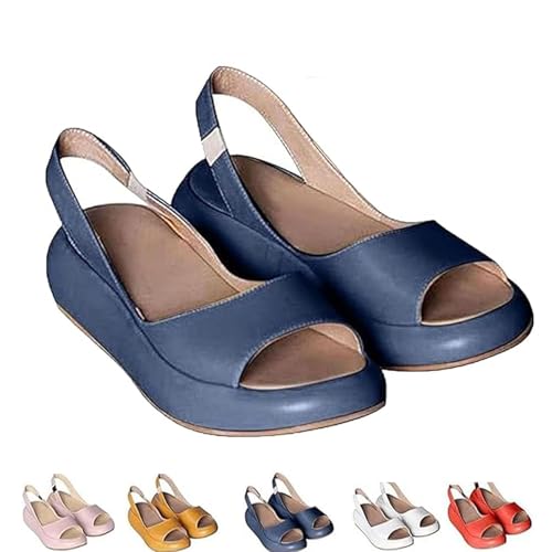 Generisch Bequeme orthopädische Sandalen für Damen, flache Sandalen mit orthopädischer Fußgewölbeunterstützung und Riemen auf der Rückseite, lässige Stoßdämpfung für Damen (Blue,36) von Generisch