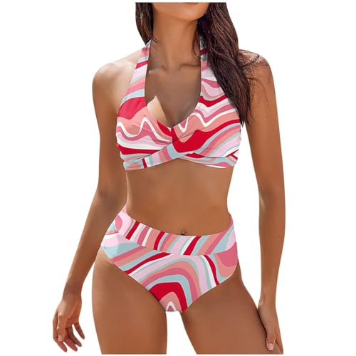 Generisch Bikini Damen Bauchweg,-Set Mit Hoher Taille Zweiteilig Farbblockierung Floral Bedruckt Brustkreuz Bikini Badebekleidung Oberteil Bandeau High Waist Bikini Set Tankini Bikinis (L, Hot Pink) von Generisch