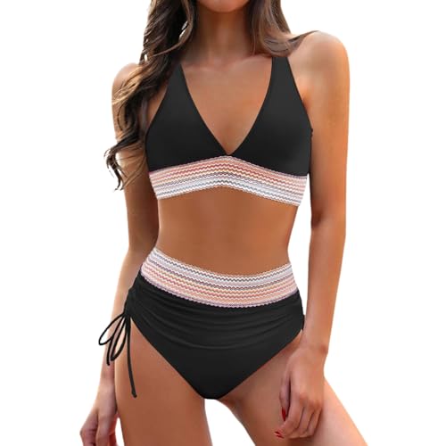 Generisch Bikini Damen Set Bauch Weg - Ohne Lätzchen V-Ausschnitt Crossover Clashing Sommer Zweiteiliger Badeanzug Crossover Korsett Bauchansatz Streifenmuster Hochtaillierter Anzug von Generisch