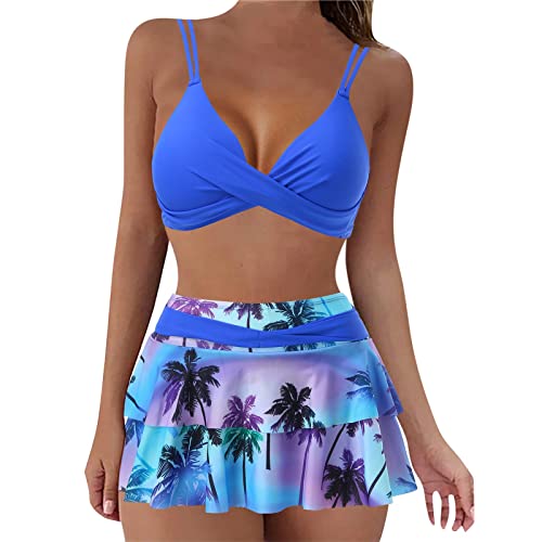 Generisch Bikini Damen Set Push Up Crossover Bikini Bademode Tropenmuster Falten Baderock mit Innenslip Zweiteiliger Badeanzug Swimsuit(BU1, M) von Generisch