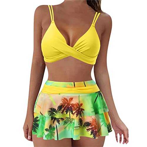 Generisch Bikini Damen Set Push Up Crossover Bikini Bademode Tropenmuster Falten Baderock mit Innenslip Zweiteiliger Badeanzug Swimsuit(Gelb, XL) von Generisch
