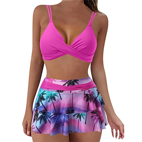 Generisch Bikini Damen Set Push Up Crossover Bikini Bademode Tropenmuster Falten Baderock mit Innenslip Zweiteiliger Badeanzug Swimsuit(Heißes Rosa, M) von Generisch