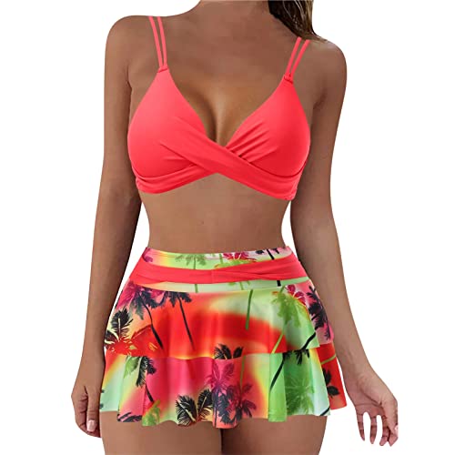 Generisch Bikini Damen Set Push Up Crossover Bikini Bademode Tropenmuster Falten Baderock mit Innenslip Zweiteiliger Badeanzug Swimsuit(Rot, S) von Generisch