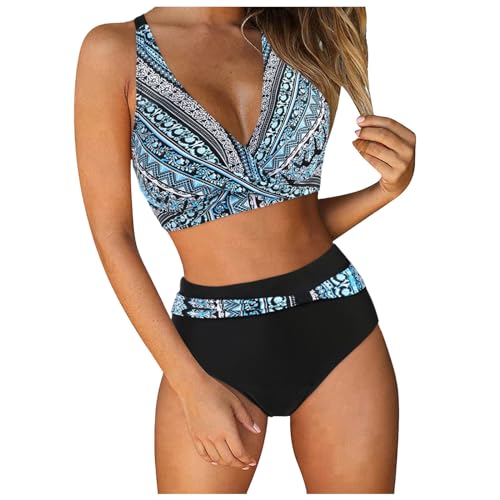Generisch Bikini Damen Set Push Up High Waist Bauchweg Retro Bikinis für Damen mit V-Ausschnitt und Blumenmuster Zweiteiliger Cross Back Bademode Bauchkontrolle Bikini Sets Swimsuit Strandbikini von Generisch