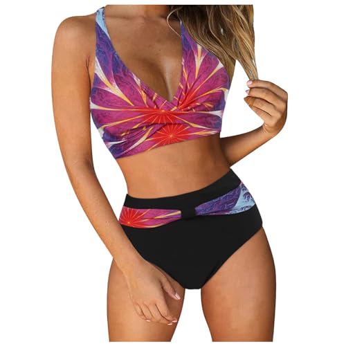 Generisch Bikini Damen Set Push Up High Waist Bauchweg Retro Bikinis für Damen mit V-Ausschnitt und Blumenmuster Zweiteiliger Cross Back Bademode Bauchkontrolle Bikini Sets Swimsuit Strandbikini von Generisch