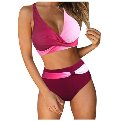 Generisch Bikini Damen Set Push Up High Waist Bauchweg Retro Bikinis für Damen mit V-Ausschnitt und Blumenmuster Zweiteiliger Cross Back Bademode Bauchkontrolle Bikini Sets Swimsuit Strandbikini von Generisch