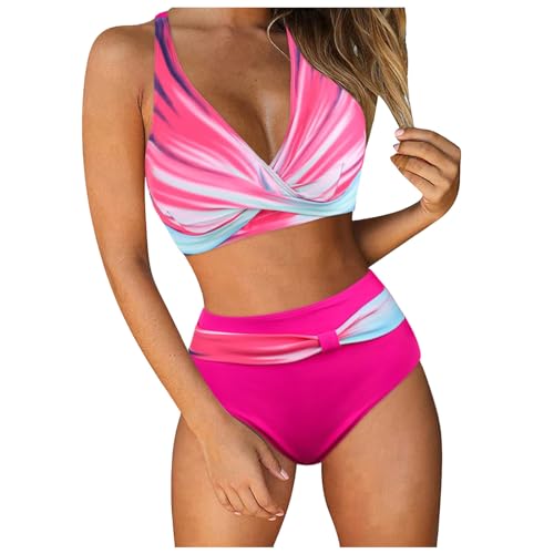Generisch Bikini Damen Set Push Up High Waist Bauchweg Retro Bikinis für Damen mit V-Ausschnitt und Blumenmuster Zweiteiliger Cross Back Bademode Bauchkontrolle Bikini Sets Swimsuit Strandbikini von Generisch