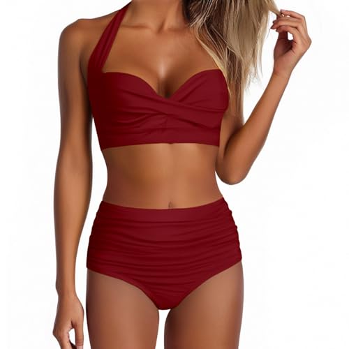 Generisch Bikini Damen Set V-Ausschnitt Badeanzug mit Vollständiger Abdeckung Vorne Bademode Hohe Taille Zweiteiliger Strandbekleidung Bauchkontrolle Swimsuit Gepolsterte Bademode Bikini Sets von Generisch