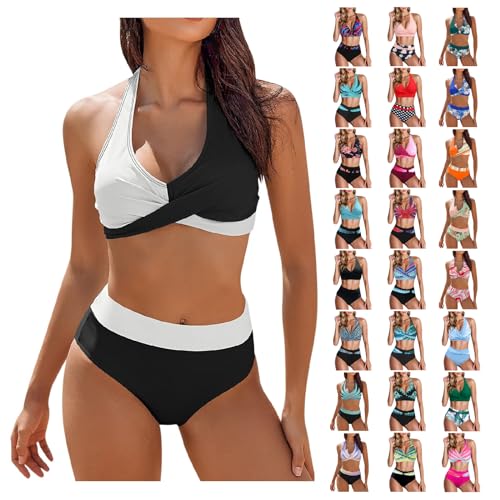 Generisch Bikini Set, Women's Fashion High Waist Bikini Set Zweiteilig Colour Block Floral Bedruckt Bust Cross Bikini Swimsuit Damen Push Up Bandeau Bikini Up Shapewear Bikini Set (L, Schwarz) von Generisch