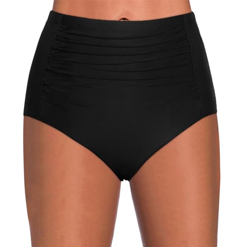 Generisch Bikinihose Damen Hoher Taille Badeshorts Badeanzug Retro Bauchweg Schwarz Bikini Hose Abdominal Kontrolle Ruched Badehose High Waist Bikinihosen Große Größe von Generisch
