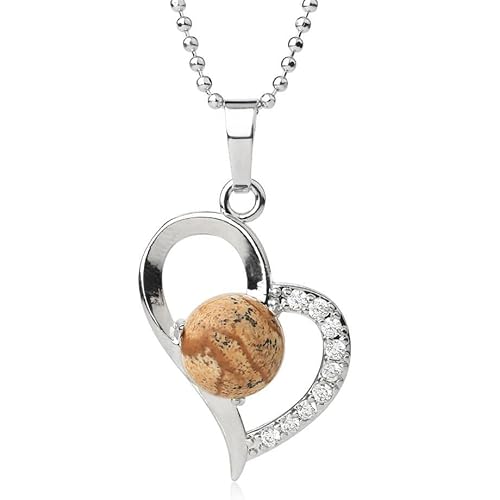 Generisch Bildjaspis-Kristall-Halskette für Damen Und Herren,Zirkon-Herzanhänger mit Silberkette,Runder Edelsteinanhänger,Chork-Amulett,Schmuck,Geschenke für Mädchen,Geburtstag,Weihnachten,Bildjaspis von Generisch