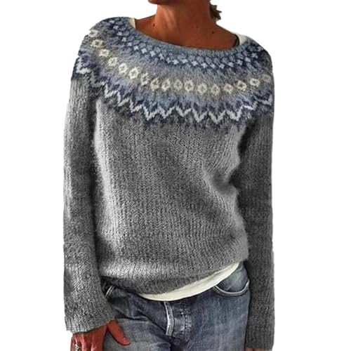 Generisch Black Friday, Norweger Pullover Damen Strickpullover Damen Norwegermuster Grau Strickpulli Oversize Strickpullover Elegant Grobstrickpullover Weihnachtspullover Sweater von Generisch