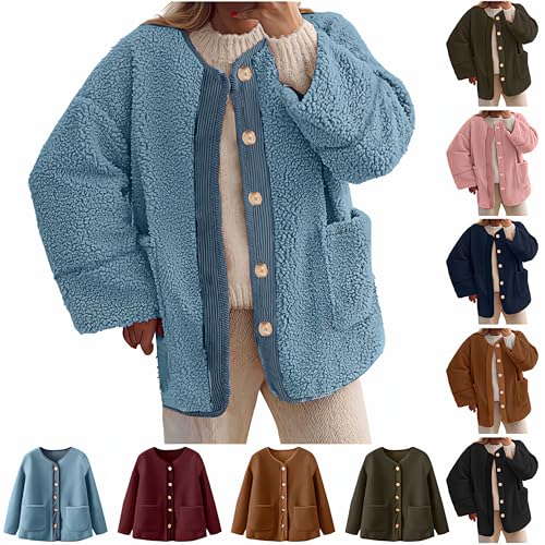 Generisch Black Friday Angebote 2024 Teddyjacke Damen Winter Teddyfleece Jacke Einfarbig Patchwork Winterjacke Freizeit Knopfleiste Wintermantel Warm Flauschig Fleecejacke Locker Langarm Teddy von Generisch