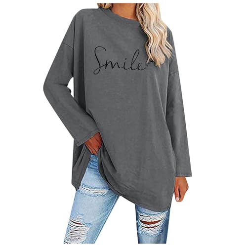 Generisch Black Friday Angebote 2024 ab Wann, Longshirt Damen Oversize Langarmshirt Rundhals Oberteile Langarm Baumwolle Longbluse Pullover Basic Langes Tunika Tops Dunkelgrau M von Generisch