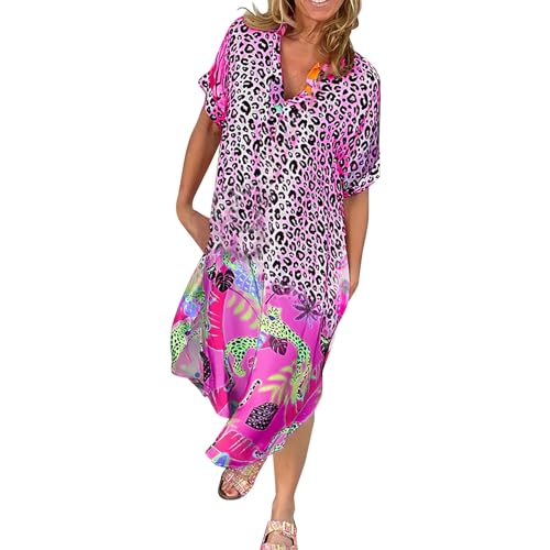 Generisch Blaue Kleider 2024 Atmungsaktiv V-Ausschnitt Gedruckt Lose Kleid Frauen Boho Casual Leopard Print Kurzarm Flowy Große Größen Damen Kleid Weihnachten (Pink, S) von Generisch