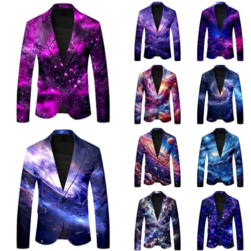 Generisch Blazer Herren Langarm Bunt Sakko Karneval Kostüm Galaxie Universum Stern Weltraum Grafik Anzugjacke Festlich Glitzer Outfit Smoking Anzüge Abschlussball Stylish Jackets von Generisch