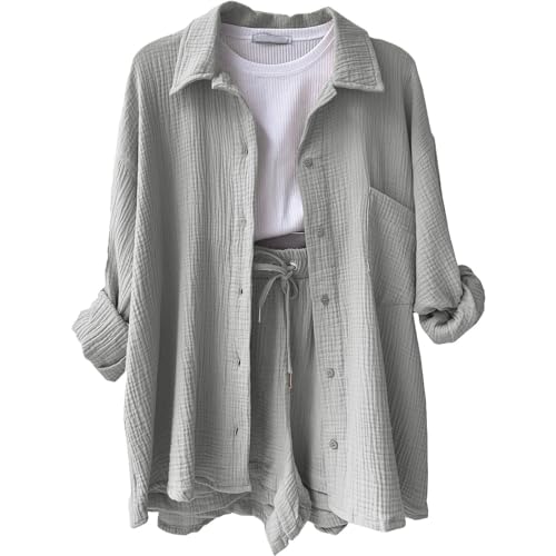Generisch Blitzangebote Des Tages, Summer Zweiteiler Damen Musselin Bluse Set Outfit Leinen Hemd Und Shorts Y2K Outfit (XL, Light Gray) von Generisch
