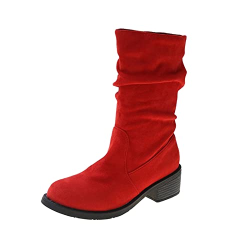 Generisch Block Stiefeletten Damen Sommer Cowgirl-Stiefel rote Stiefeletten Damen bedruckt Slip-on-Heels Schuhe Wade bestickt Retro-Mädchen-Cowboy-Stiefel Turnschuhe für (AJ-1-Red, 37) von Generisch