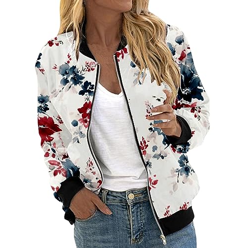 Generisch Blouson, Jacke Damen Frühling Dünne Frühlingsjacke Übergangsjacke Leichte Sommerjacke Blouson Jacke Kurze Mädchen Bomberjacke Pilotenjacke Softshelljacke, Weiße, L von Generisch