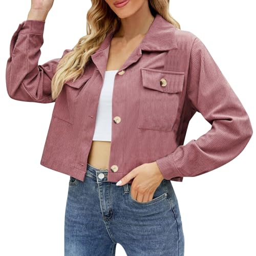 Generisch Blouson Jacke Damen, Cordjacke Damen Langarm Revers Hemdjacke Kurze Button-Down Blouson Jacke mit Taschen Winter Übergangsjacke Bequem Freizeitjacke Cordhemd von Generisch