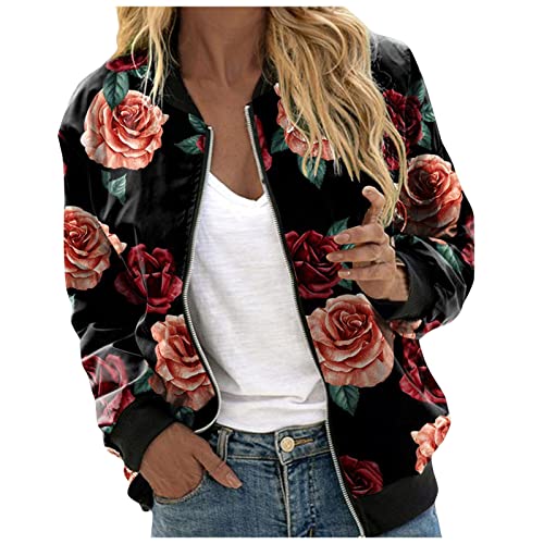 Generisch Blouson Jacke Damen Blumen Bomberjacke Damen Leichte Sommerjacke Langarm ReißVerschluss Pilotenjacke Bequem Atmungsaktiv Sportjacke 2025 Zip Up Übergangsjacke Herbstjacke Damenjacken von Generisch