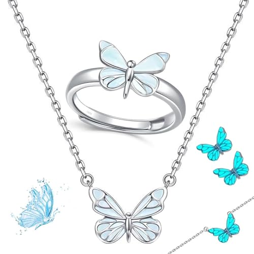 Generisch Blue Luminous Butterfly Collection Set, Adjustable Glowing Necklace & Bracelet, Dainty Butterfly Pendant, for Daily Wear/Evening Events/Anniversary (B) von Generisch