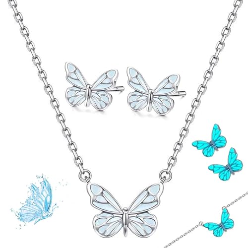 Generisch Blue Luminous Butterfly Collection Set, Adjustable Glowing Necklace & Bracelet, Dainty Butterfly Pendant, for Daily Wear/Evening Events/Anniversary (C) von Generisch