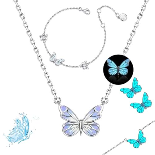 Generisch Blue Luminous Butterfly Collection Set, Adjustable Glowing Necklace & Bracelet, Dainty Butterfly Pendant, for Daily Wear/Evening Events/Anniversary (F) von Generisch