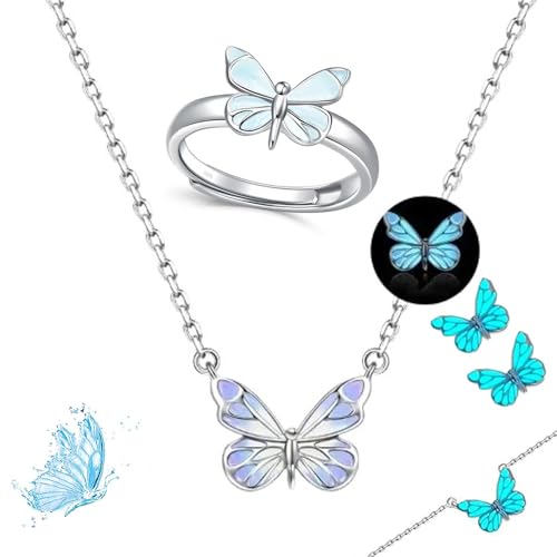Generisch Blue Luminous Butterfly Collection Set, Adjustable Glowing Necklace & Bracelet, Dainty Butterfly Pendant, for Daily Wear/Evening Events/Anniversary (G) von Generisch