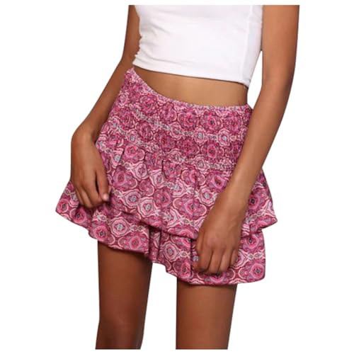 Blumen Kurz Minirock A-Linie Hohe Taille Mini-Röcke Rüschen Lässig Sommerrock Urlaub Lässige Leicht Hose Elastische Shorts Röcke Doppellagiger Rock Chiffon Faltenrock von Generisch