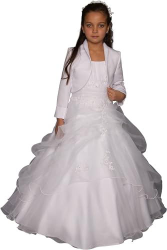 Generisch Blumenmädchen Hochzeit Festlich Weißes Tüll Kleid Kommunionkleid mit Bolero Langärmelig für Kinder Mädchen Weiß 140 von Generisch