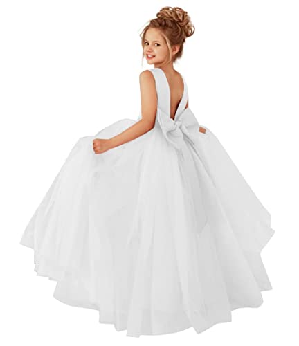 Generisch Blumenmädchen Kleid für Hochzeit Satin Tüll Puffy Princess Festzug Kleid mit offenem Rücken Ärmellose Perlenkugelkleider mit Schleife White 12 von Generisch