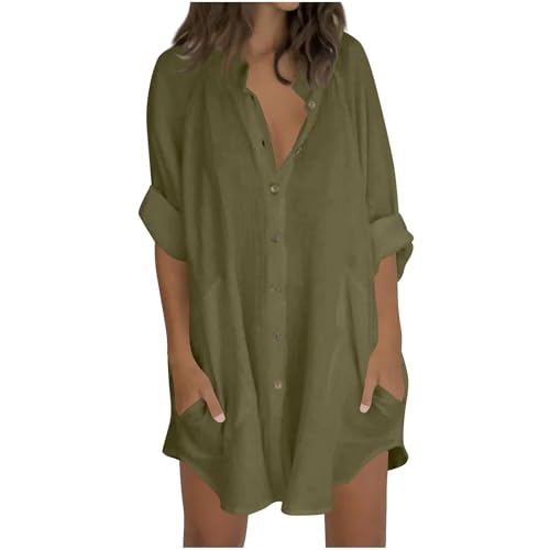Generisch Bluse Damen Baumwolle Leinen Oberteile Musselin Bluse Damen Hemd Langarmshirt Hemden Blusen Lässige Einfarbig Hemdbluse Tops V-Ausschnitt Sommer Strandhemd Hemdbluse Leinenbluse von Generisch