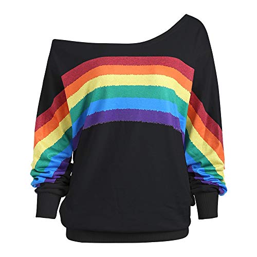 Generisch Bluse Damen One Shouleder Sweatshirt Gestreift Regenbogen Pullover, Langarm Rundhals Pulli Off Shoulder Shirts Oberteile Tops von Generisch