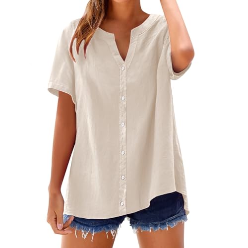 Generisch Bluse Damen Sommer Leinenbluse Elegant Einfarbig Blusenshirt Einreihiges Leinenhemd Kurzarm V-Ausschnitt Longbluse Blusehemd Lose Oberteile Hemd Kurzarm Damen S-5xl von Generisch