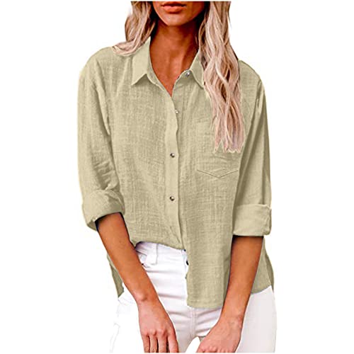 Generisch Bluse Damen Sommer Musselin Baumwolle Blusen Elegant Freizeit Leinenbluse Einfarbig Blusenshirt Revers Leinenhemd Große Größen Langarm V-Ausschnitt Longbluse Oversized mit Taschen Hemd von Generisch