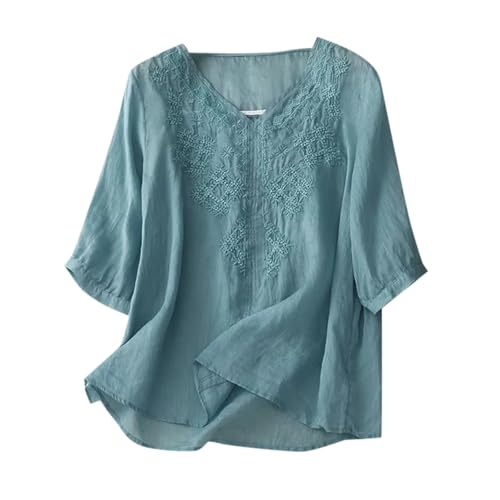 Generisch Bluse Damen Sommer Musselin Bluse Damen Baumwolle Leinenbluse V-Ausschnitt Button-Down Hemdbluse Elegant Einfarbig Blusenshirt Longbluse Oversized Blusehemd mit Taschen von Generisch