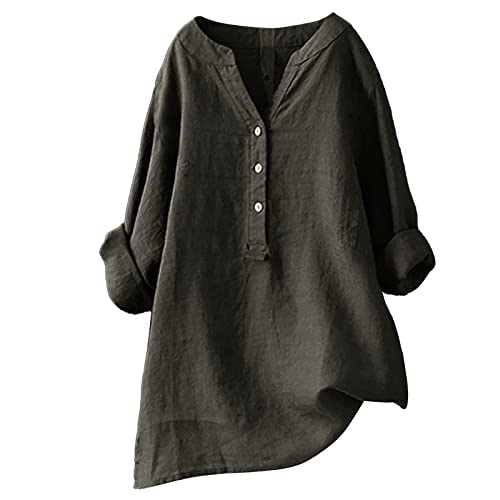 Generisch Bluse Damen Sommer Musselin Bluse Damen Baumwolle Leinenbluse V-Ausschnitt Button-Down Hemdbluse Elegant Einfarbig Blusenshirt Longbluse Oversized Blusehemd mit Taschen von Generisch