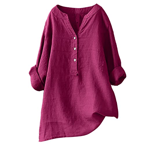 Generisch Bluse Damen Sommer Musselin Bluse Damen Baumwolle Leinenbluse V-Ausschnitt Button-Down Hemdbluse Elegant Einfarbig Blusenshirt Longbluse Oversized Blusehemd mit Taschen von Generisch